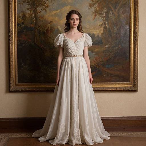 Photograph of a young woman with fair skin and dark brown hair, wearing a white, Victorian-style, V-neck, lace-embellished gown