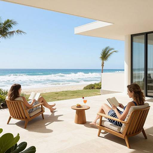 Photograph of two women with wavy hair, wearing striped swimsuits, relaxing on wooden chairs by a beachside patio, ocean view.