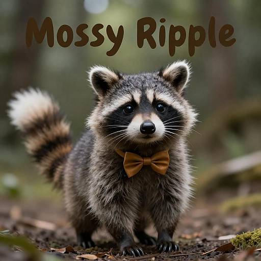 Photograph of an adorable raccoon with fluffy gray fur, black mask, and white-tipped tail, wearing a brown bow tie, standing on forest