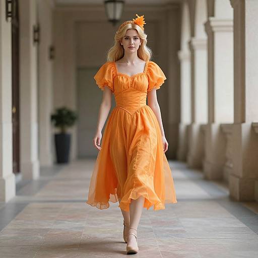 Photograph of a blonde woman with fair skin, wearing an orange, puffed-sleeve, tiered dress and matching headpiece, walking down