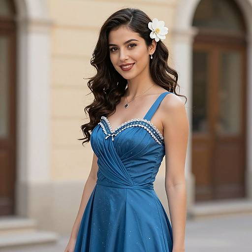 Italian Themed Woman in Blue Dress