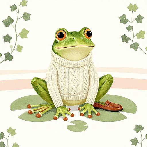 Digital illustration of a green frog with large orange eyes, wearing a white, chunky knit sweater, sitting on grass with red berries and a brown shoe