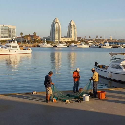 Photograph of two men mending fishing nets by a marina, with tall, white, twin-towered buildings and numerous yachts in the background