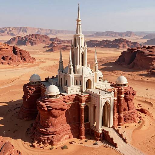 Photograph of a white Gothic-style cathedral with domes and spires, situated in a vast, sunlit, red desert landscape with rugged hills and