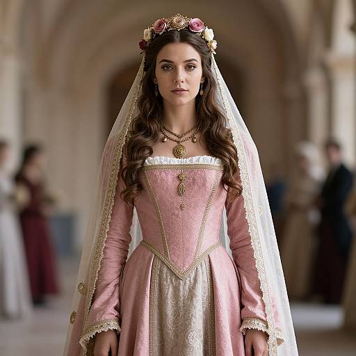 Photograph of a young woman with long brown hair, wearing a pink Renaissance-style dress, white lace veil, floral crown, and gold jewelry, standing