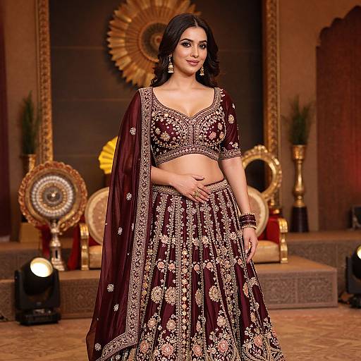 Photograph of a beautiful South Asian woman in a maroon and gold embroidered traditional lehenga and choli, standing confidently on a ornate stage with