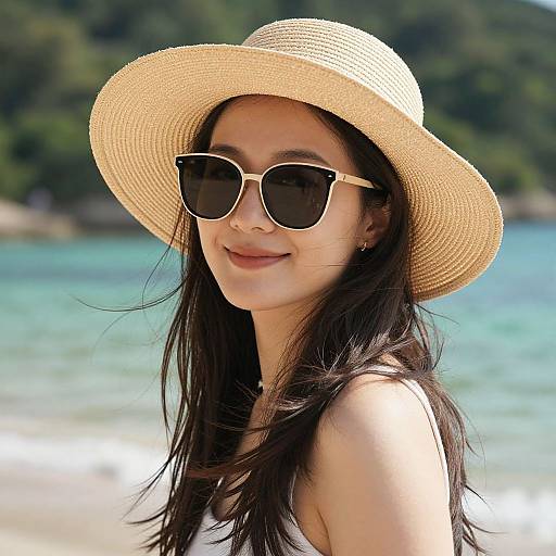 Photograph of an Asian woman with long dark hair, wearing a wide-brimmed straw hat and black sunglasses, smiling at a beach with turquoise water