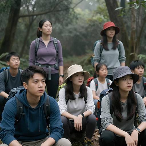 Focused Hikers in Misty Forest Setting