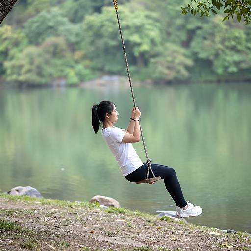 Woman Swinging Outdoors by Serene Lake