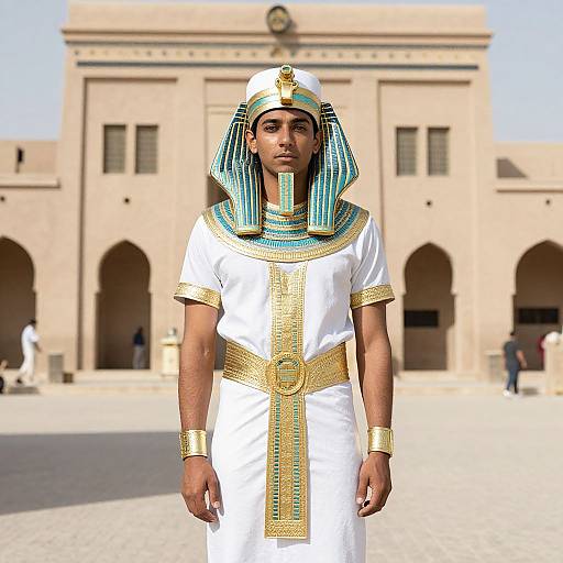 Photograph of a man in ancient Egyptian attire, white tunic with gold trim, striped headdress, standing in front of a beige brick building with