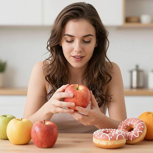 Photograph of a smiling young woman with long brown hair, holding a red apple, surrounded by apples, a green apple, yellow apple, and glazed