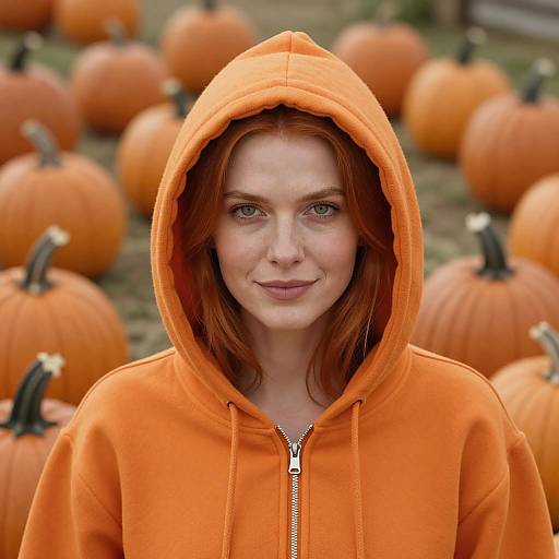 Woman in Orange Hoodie with Pumpkins