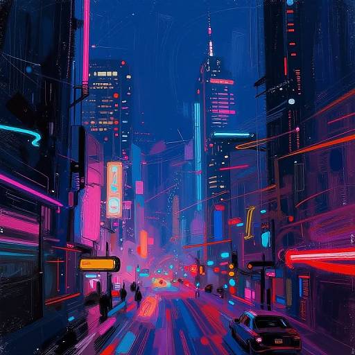 Neon-lit, cyberpunk city street at night with vibrant blue, pink, and red lights, blurred car lights, and towering skyscrapers