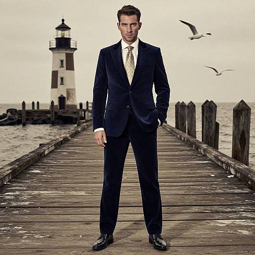 Photograph of a serious, dark-haired man in a black suit, white shirt, and gold tie standing on a wooden pier leading to a white l