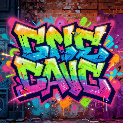 Vibrant graffiti on a weathered brick wall featuring bold, multicolored letters with neon highlights, splatters, and sharp, jagged edges