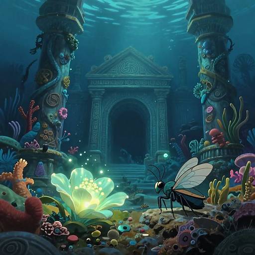 Underwater fantasy scene: glowing blue lotus, illuminated insect, colorful coral, ancient temple pillars, and vibrant marine life in deep blue water.