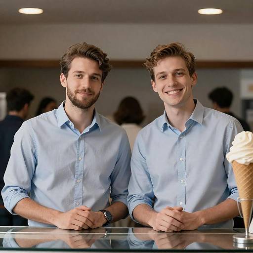 Two Men Behind Glass Counter with Ice Cream Cone