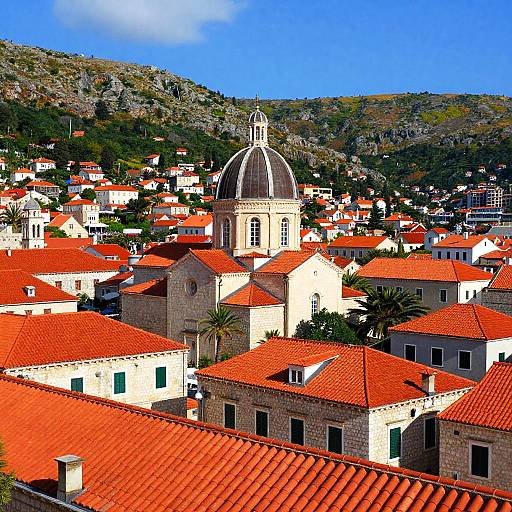 Photograph of a sunlit Mediterranean town with red-roofed stone buildings, a central domed church, and hills in the background.