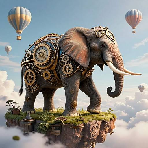 Digital artwork of a steampunk elephant with gears and clockwork mechanisms, standing on a grassy cliff, surrounded by hot air balloons in a cloudy