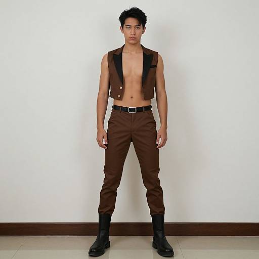 Photograph of a young Asian man with short black hair, standing against a white wall. He's shirtless, wearing brown vest, pants, and