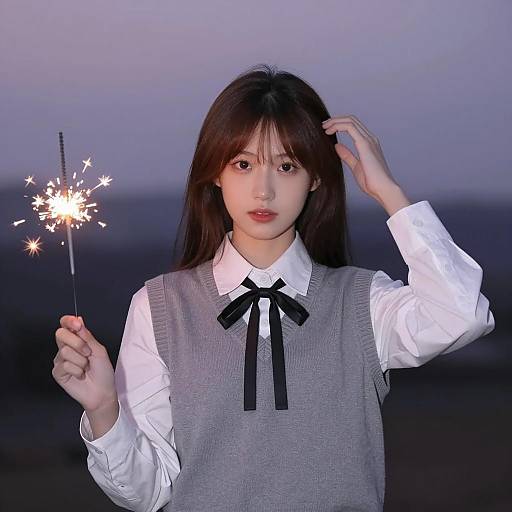 Young Asian Woman with Sparkler at Dusk