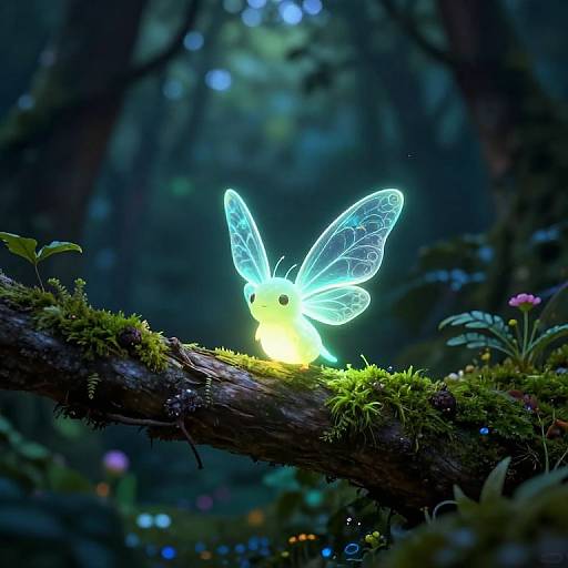 Glowing, luminescent butterfly with translucent wings perched on a moss-covered log in a dark, enchanted forest, illuminated by soft, magical