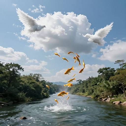 Photograph of vibrant yellow koi fish leaping out of a flowing river, surrounded by lush green trees, under a bright blue sky with fluffy white