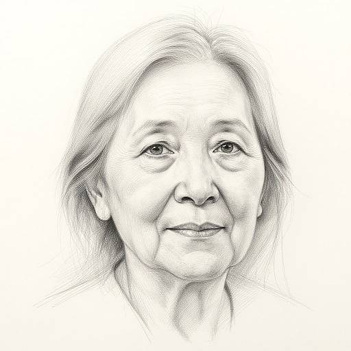 Black and white pencil drawing of an elderly woman with gentle expression, subtle wrinkles, and shoulder-length hair, set against a plain white background.