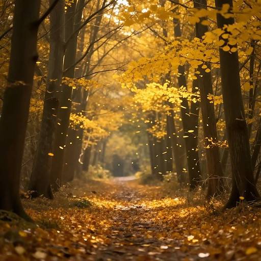 Photograph of a sunlit, autumn forest path lined with tall trees, their golden-yellow leaves creating a vibrant, warm tunnel with fallen leaves covering the