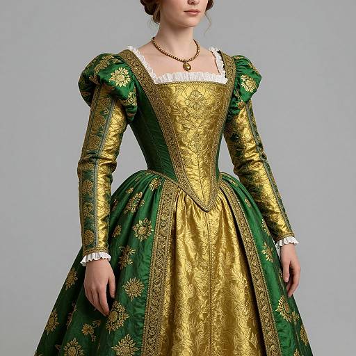 Photograph of a woman in an elaborate, 18th-century-style green and gold embroidered dress with puffed sleeves, white lace trim, and a
