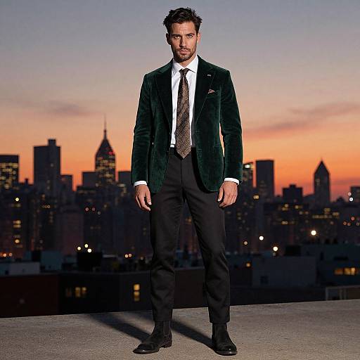 Photograph of a man with dark hair and beard in a dark green velvet blazer, white shirt, black tie, and pants, standing on a