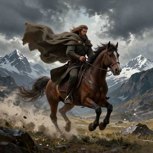 Digital art: Bearded man in dark cloak rides powerful brown horse through stormy mountain landscape, dust flying, dramatic clouds overhead.