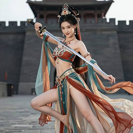 Digital art of an Asian warrior woman in ornate, red and blue attire, holding a sword, posing dynamically against a stone wall.