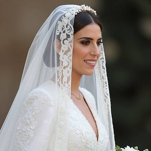 Photograph of a smiling South Asian bride with dark hair, wearing a white lace wedding dress and veil, against a blurred outdoor background.