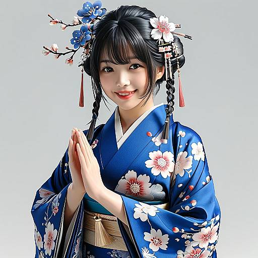 Digital illustration of a smiling Asian woman in a blue floral kimono, hands in prayer pose, adorned with hair flowers and braids.