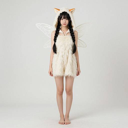 Photograph of a young woman with long black hair, wearing a white furry dress, fox ears, and transparent wings, standing barefoot against a white