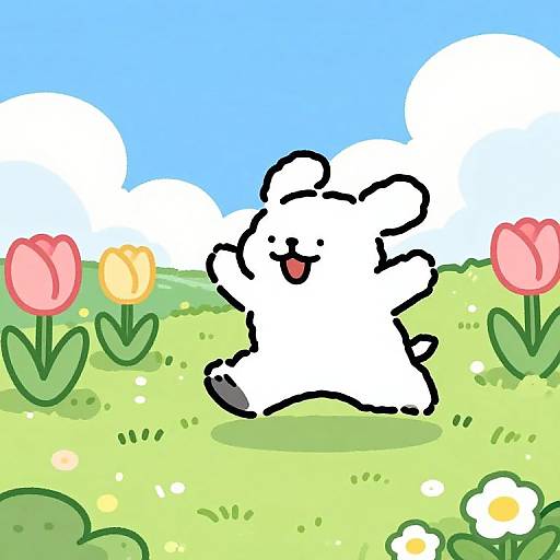 Cartoon white bear joyfully dancing in a colorful, sunny meadow with pink and yellow tulips, white flowers, and fluffy clouds.