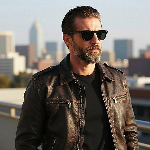 Photograph of a bearded man with dark sunglasses, wearing a black leather jacket over a black shirt, standing on a rooftop with a cityscape blurred
