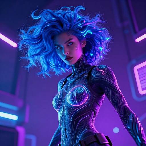 Neon-lit digital artwork of a fierce woman with glowing blue hair, wearing a futuristic, black, holographic bodysuit with intricate patterns,