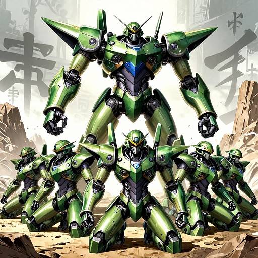 Digital art of a green, towering mecha robot with multiple smaller versions, standing in a desolate, rocky landscape with industrial ruins.