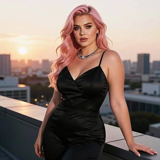 Photograph of a stunning blonde woman with pink hair, wearing a black spaghetti-strap dress and silver necklace, standing on a rooftop at sunset with a