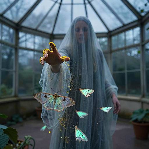 Bioluminescent Moth-Wraith in Glass Conservatory