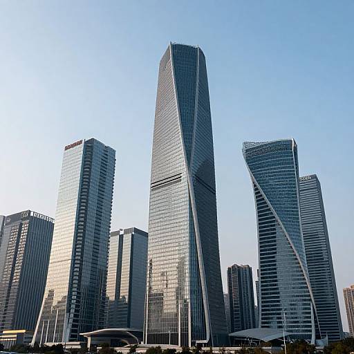 Photograph of a modern cityscape with four tall, reflective skyscrapers of varying shapes and designs against a clear blue sky.