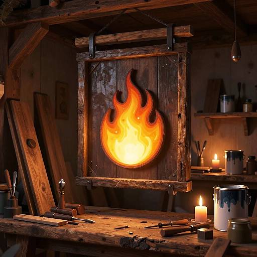 Photograph of a rustic wooden workshop with a glowing, flame-shaped light panel above a workbench, surrounded by candles, tools, and containers.