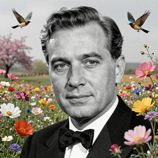 Black-and-white photograph of a man in a tuxedo, surrounded by colorful flowers and two hummingbirds, with a pink cherry blossom tree in the
