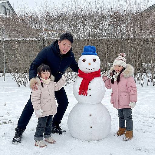 Photograph of an Asian man and two young girls building a snowman in a snowy backyard, wearing winter clothes, with bare trees in the background.