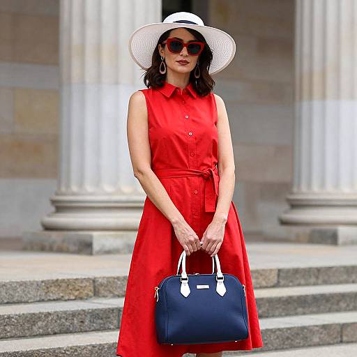 Chic Woman in Red Dress and Accessories