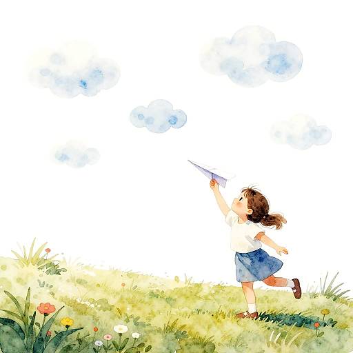 Girl Flying Paper Airplane in Meadow