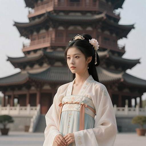 Young Chinese Woman in Traditional Hanfu by Ancient Temple