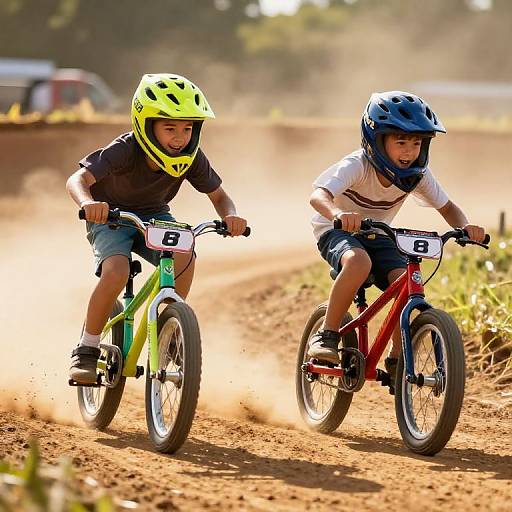 Photograph of two young boys racing mountain bikes on a dusty trail. One wears a yellow helmet and green bike, the other a blue helmet and red